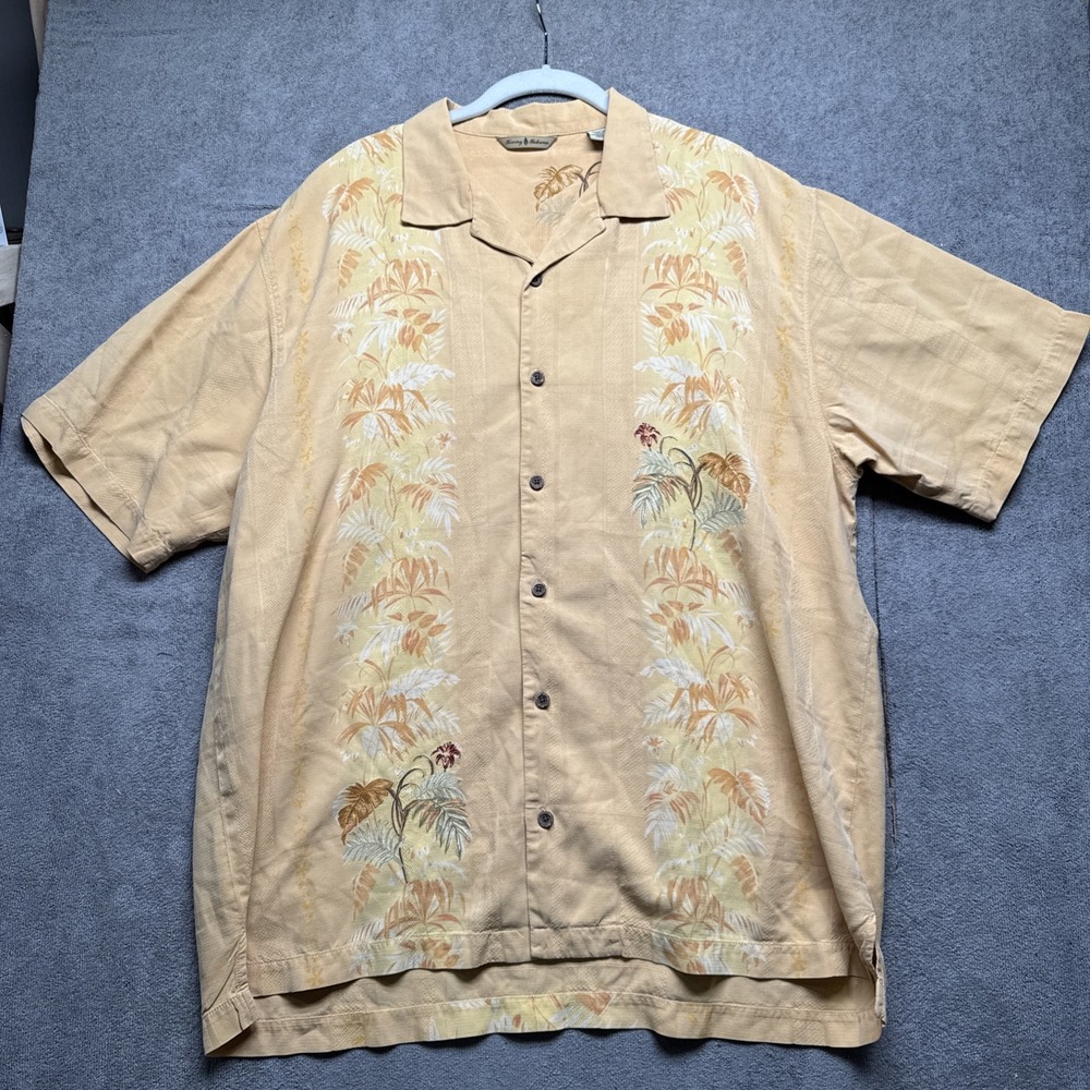 Tommy Bahama XL Orange Silk Camp Shirt‎ Palm Tree Embroidery Luau Aloha Resort
